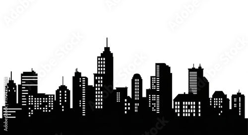 Modern City Skyline Silhouette Black and White.