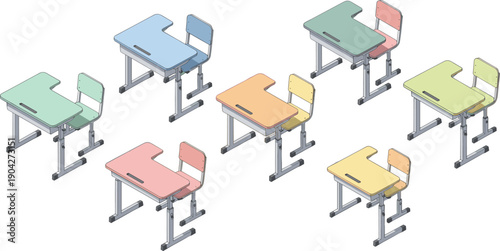 Colorful Isometric Illustration of School Desks with Attached Chairs in Varied Designs and Shades for Classroom and Educational Concepts