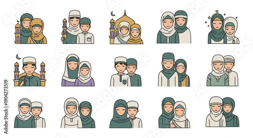 Muslim Couple Avatar Icons Set for Wedding, Ramadan, and Eid Celebration