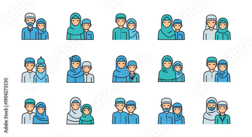Muslim Couple Avatar Collection in Flat Line Style for Islamic Content and Community