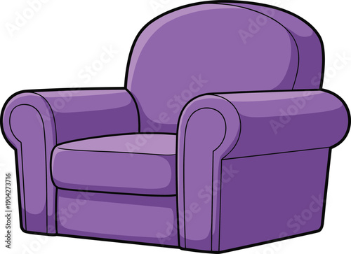 Cartoon purple armchair icon with rounded backrest, cushioned seat, wide armrests, bold outlines, and smooth shaded design