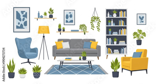 Modern Living Room Furniture and Decor Elements Collection.