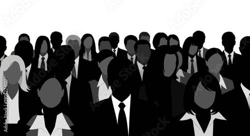 A diverse group of stylized business professionals is depicted in monochrome silhouettes, representing a large corporate workforce or professional gathering.