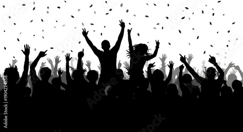 Silhouette of a massive crowd celebrating enthusiastically with arms raised high amidst falling confetti during a vibrant musical event or energetic celebration.