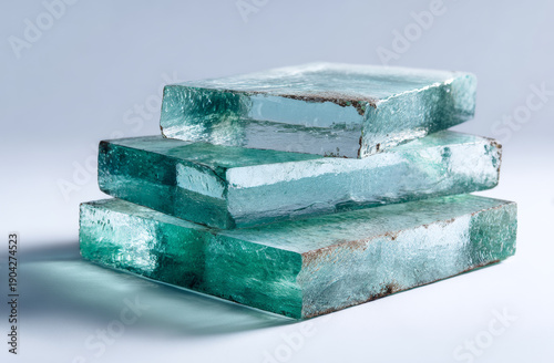 Stack of three transparent glass slabs with smooth polished surfaces and varying thicknesses, showcasing clarity and reflective textures