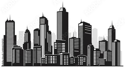Modern City Skyline Silhouette with Tall Buildings.