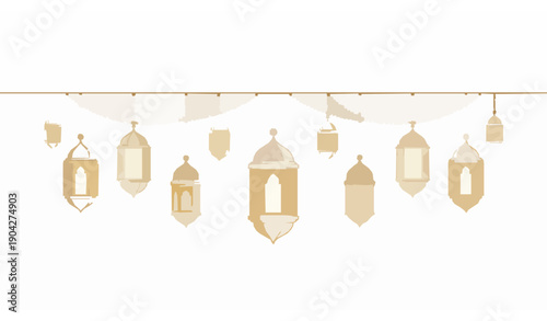 Golden Islamic lantern banner vector with traditional Ramadan decorative Arabic lamps on white background