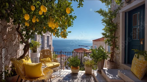 Mediterranean balcony with lemon tree sea view sunny day travel imagery