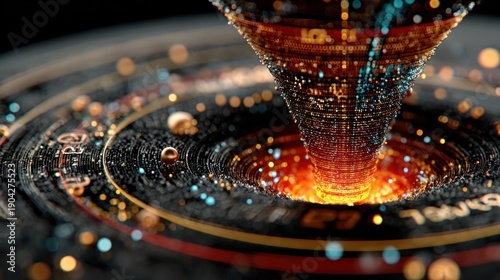 Abstract digital funnel with data particles swirling into a center