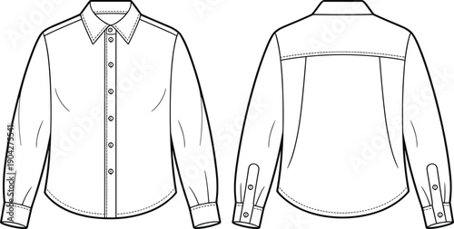 Men long sleeve button down shirt technical drawing front and back view, apparel fashion flat sketch, tailoring details, garment construction illustration