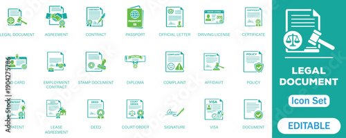 Legal document icon set. Containing contract, agreement, passport, ID card, certificate, license, patent, testament and more. Vector solid icons collection.