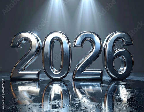 A shiny metallic 2026 sign on a reflective surface under spotlights