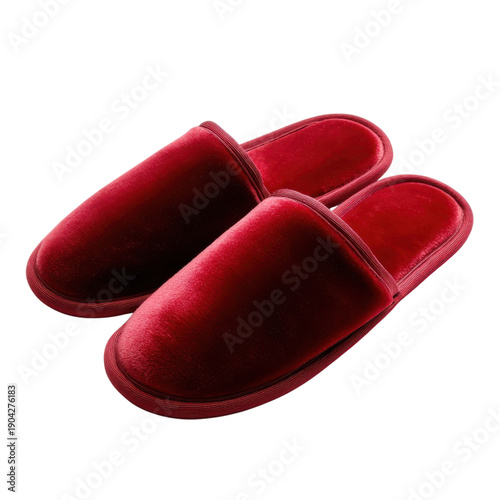 A pair of elegant red velvet slippers on transparent background