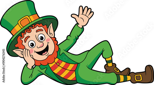 Playful cartoon leprechaun character wearing green costume and hat, smiling happily, isolated on white background, fantasy folklore illustration for St Patrick’s Day designs