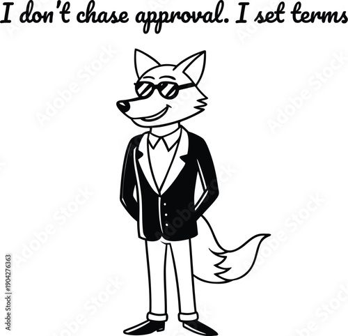 A cartoon wolf in a suit and glasses stands confidently with a motivational quote