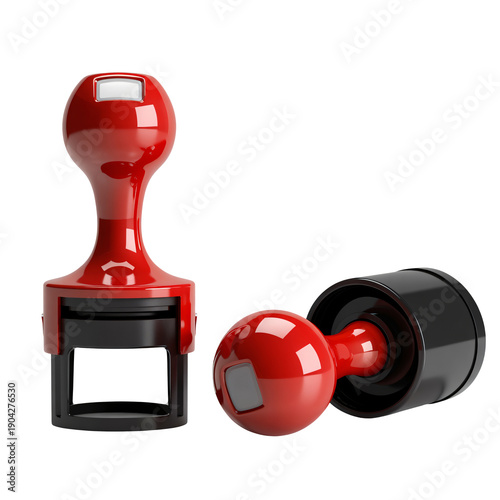 Rubber Stamp with Red Handle in Studio Lighting on White Background for Office Supplies