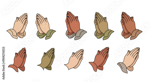 Diverse Praying Hands Vector Icon Set with Multiple Skin Tones, Religious and Hope Concept Illustrations