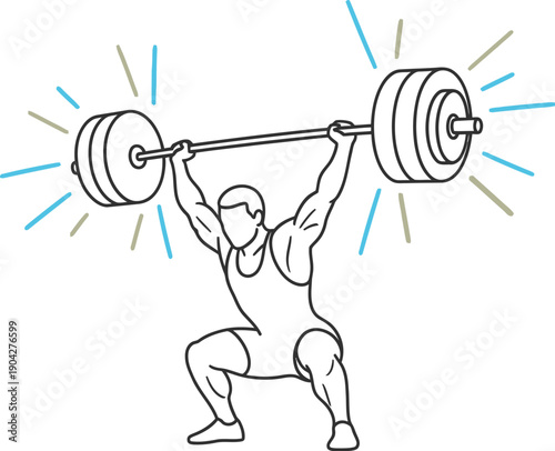 Athletic weightlifter successfully completes the clean and jerk lift maintaining a strong low squat position with intense focus