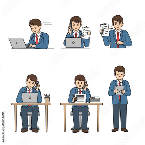 Daily professional life of a businessman managing various office duties and emotions