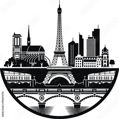 Stylized Paris skyline illustration featuring Eiffel Tower, Seine River bridges, Notre Dame, modern city buildings in minimalist blue and black vector design