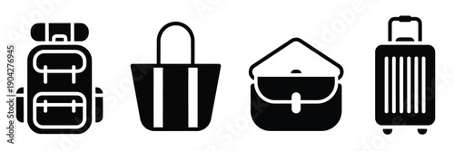 Bag and Luggage icons, vector symbols of backpack, tote bag, handbag, and suitcase, clean minimalist flat style, isolated on white background, perfect for travel, mobile apps, web interfaces, packing 