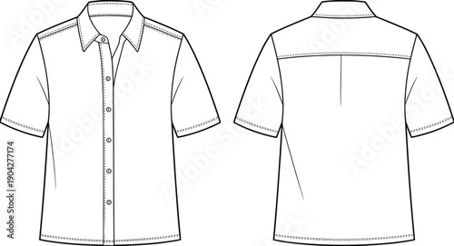 Technical flat sketch of short sleeve button down shirt front and back views apparel fashion design blueprint illustration vector template clothing manufacturing guide