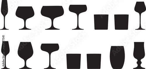 Vector silhouette set of assorted bar glassware including champagne flutes, wine glasses, martini glasses, and tumblers for restaurant and menu design