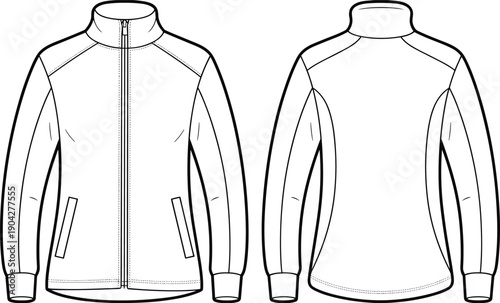 Technical jacket front and back flat sketch vector illustration, modern sportswear outerwear design template for fashion production, apparel manufacturing, and clothing pattern development