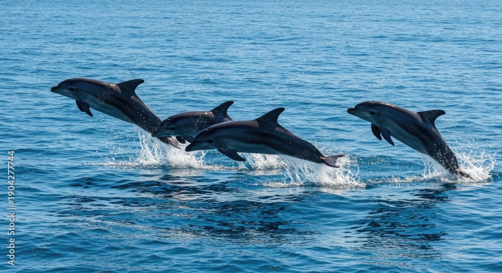 Naklejka premium Group of Playful Dolphins Leaping from Deep Blue Ocean Water in a Dynamic Action Sequence