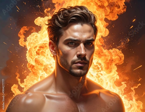 A shirtless man with a stern expression stands before a fiery background