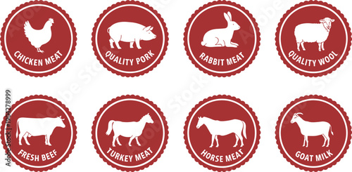 Animal product badge set with chicken, pork, rabbit, sheep, cow, turkey, horse, goat, vector illustration, editable, isolated food graphic