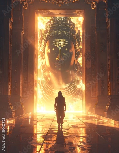 A silhouette approaches an illuminated deity statue within an ornate doorway