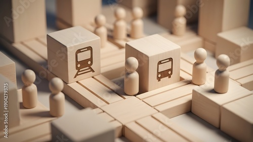Conceptual representation of urban transportation systems using wooden blocks and miniature figures