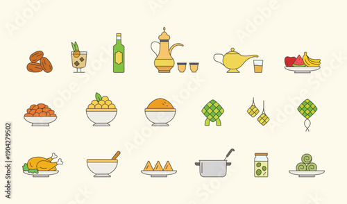Ramadan food simple flat colors cartoon vector illustration. Iftar food festive table food for celebrating ramadan symbol logo icon collection