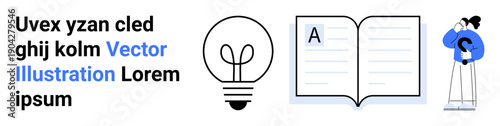 Education, innovation, learning, brainstorming, literacy, creativity. Open book, lightbulb and a person in thought. Education and creativity are visually