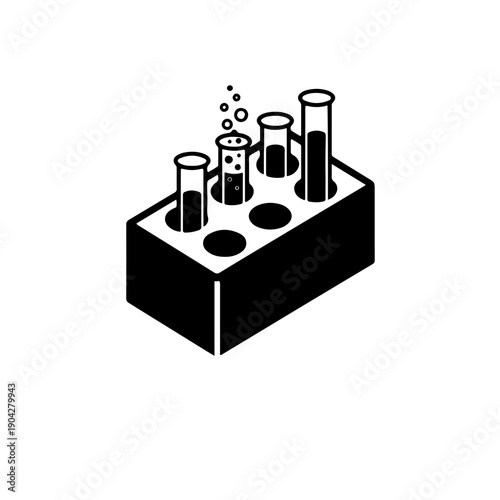 Bubbling laboratory test tube icon. Dynamic black and white vector illustration of a chemical reaction with air bubbles, representing active scientific experiments and research