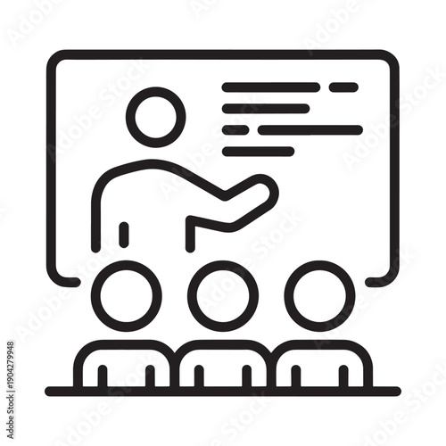 A line art illustration depicts a presenter giving a lecture to an audience