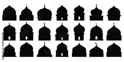 Islamic Dome Silhouettes, vector illustration of Arabic mosque architectural shapes, domes and minarets, isolated on white background, modern flat and minimalist design, suitable for Ramadan and Eid g