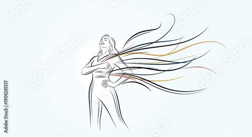 Strong confident woman standing with empowered posture showcasing vibrant flowing lines symbolizing freedom progress and dynamic energy