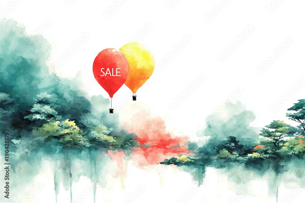Obraz premium Watercolor landscape with red and yellow hot air balloons with sale text concept for marketing banner