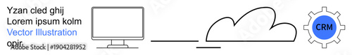 Business innovation, cloud computing, CRM platforms, system integration, data sharing, technology advancements. A computer connected to a cloud and gear with CRM text. Cloud computing and CRM