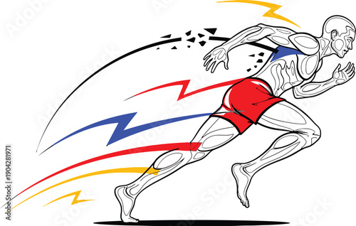Stylized graphic illustration depicts an athlete sprinting forward with dynamic energy trails emphasizing speed and physical power during a race