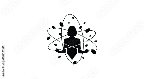 Silhouette of a person with arms outstretched, surrounded by orbiting elements symbolizing science and discovery.