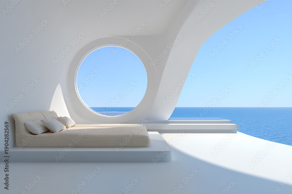 Fototapeta premium A minimalist bedroom with a circular window overlooking the ocean.