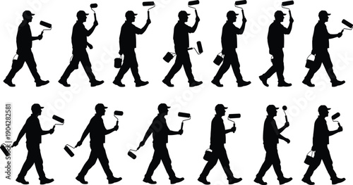 Black Silhouette Set Of Male Painters Carrying Buckets And Rollers Walking In A Row Representing Home Renovation Professional Decorating Service