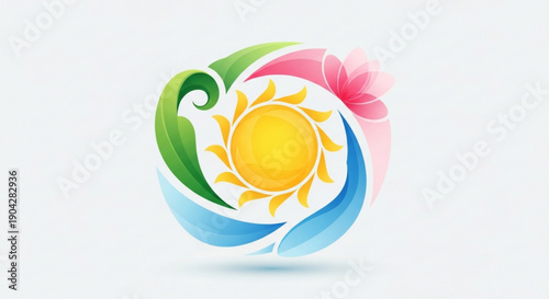 Circular emblem representing the four seasons featuring a sun at its core and stylized elements of nature perfect for branding and design