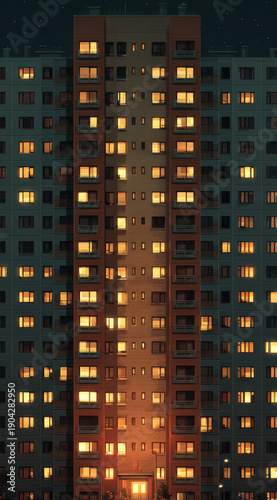 Tall modern apartment building at night with illuminated windows creating a warm glow against a dark sky