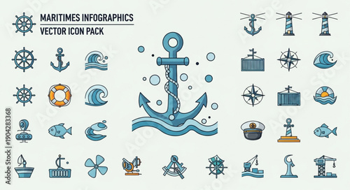 Maritime Infographics Vector Icon Pack with Anchor and Nautical Elements.