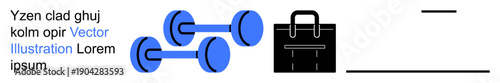 Fitness training, business , work-life balance, minimalism, professional lifestyle, and organization. Blue dumbbells, black briefcase and abstract lines. Fitness training and business themes concept