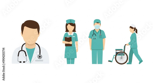 Medical professionals in scrubs with stethoscope and wheelchair.